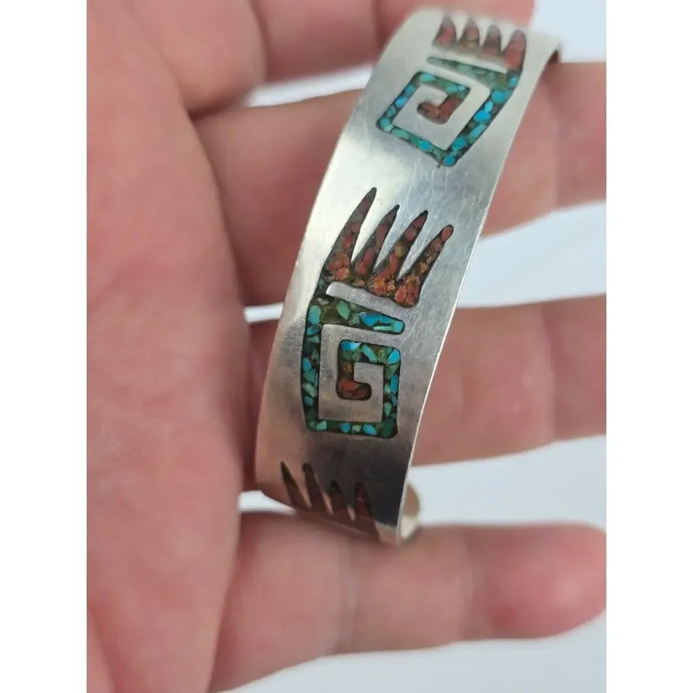 Navajo Sterling Silver Crushed Chip Turquoise & Coral Flush Cuff Bracelet 7.5